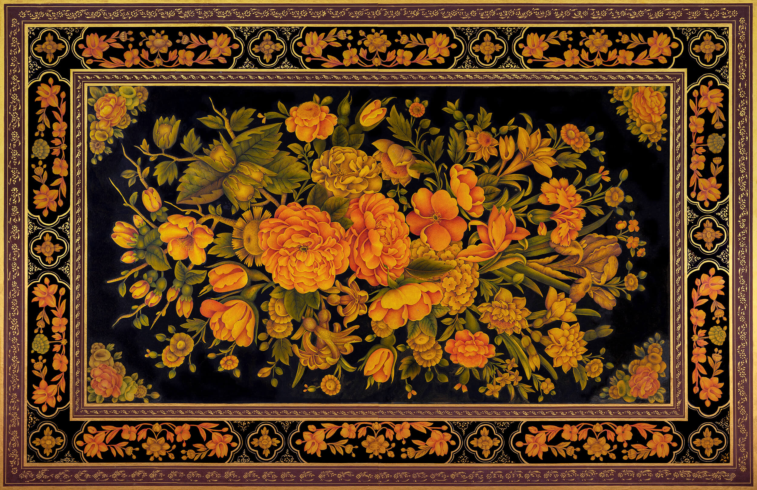 تابلو گل و مرغ قاجار بازآفرینی‌شده «شکوه زَرّینِ گلستان قاجار» تکنیک پرداز نقطه آبرنگ و ورق طلا روی زمینه مشکی