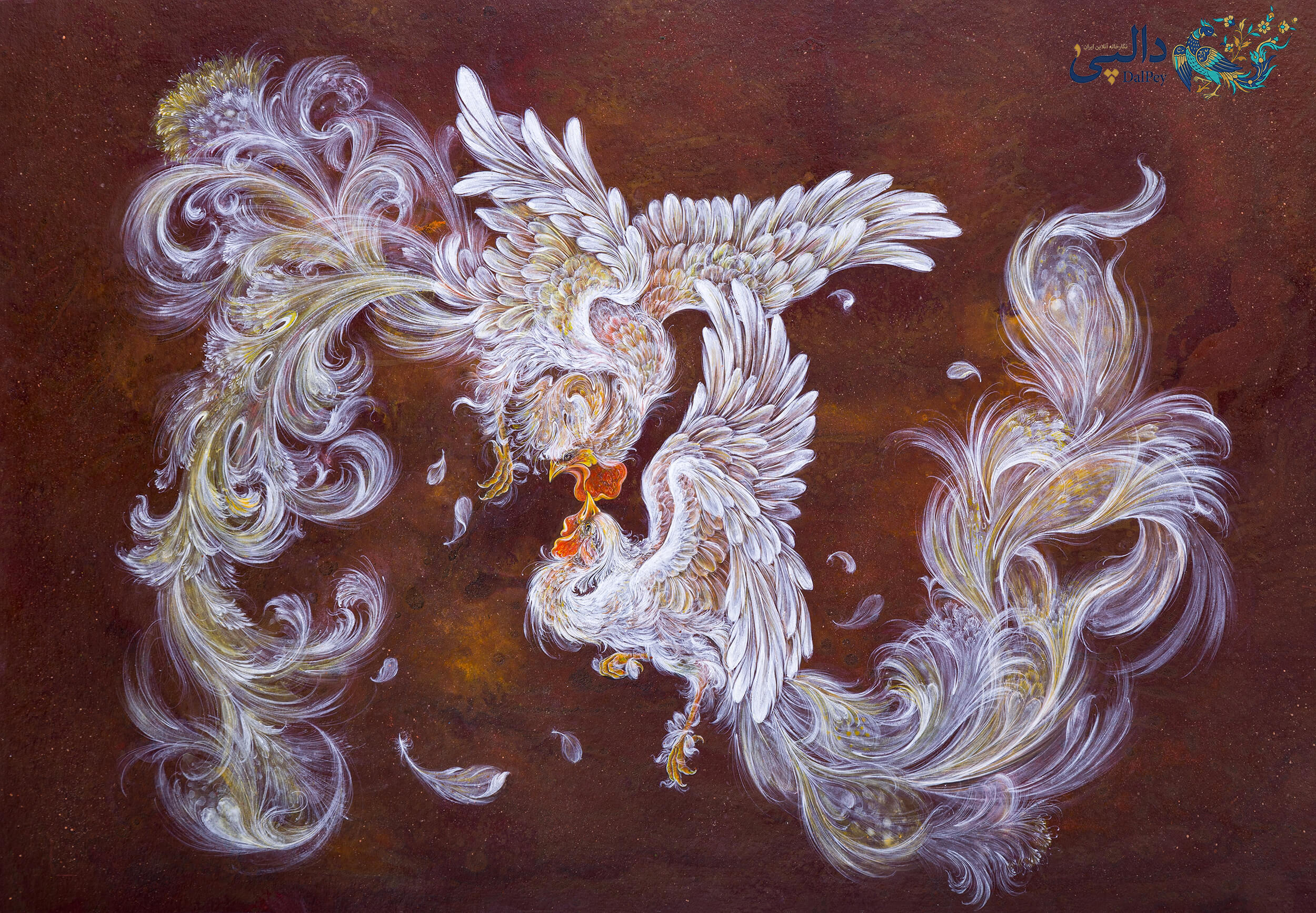 آتش سپید – تابلو هنری با دو پرنده اسطوره‌ای | زهرا قاسمی