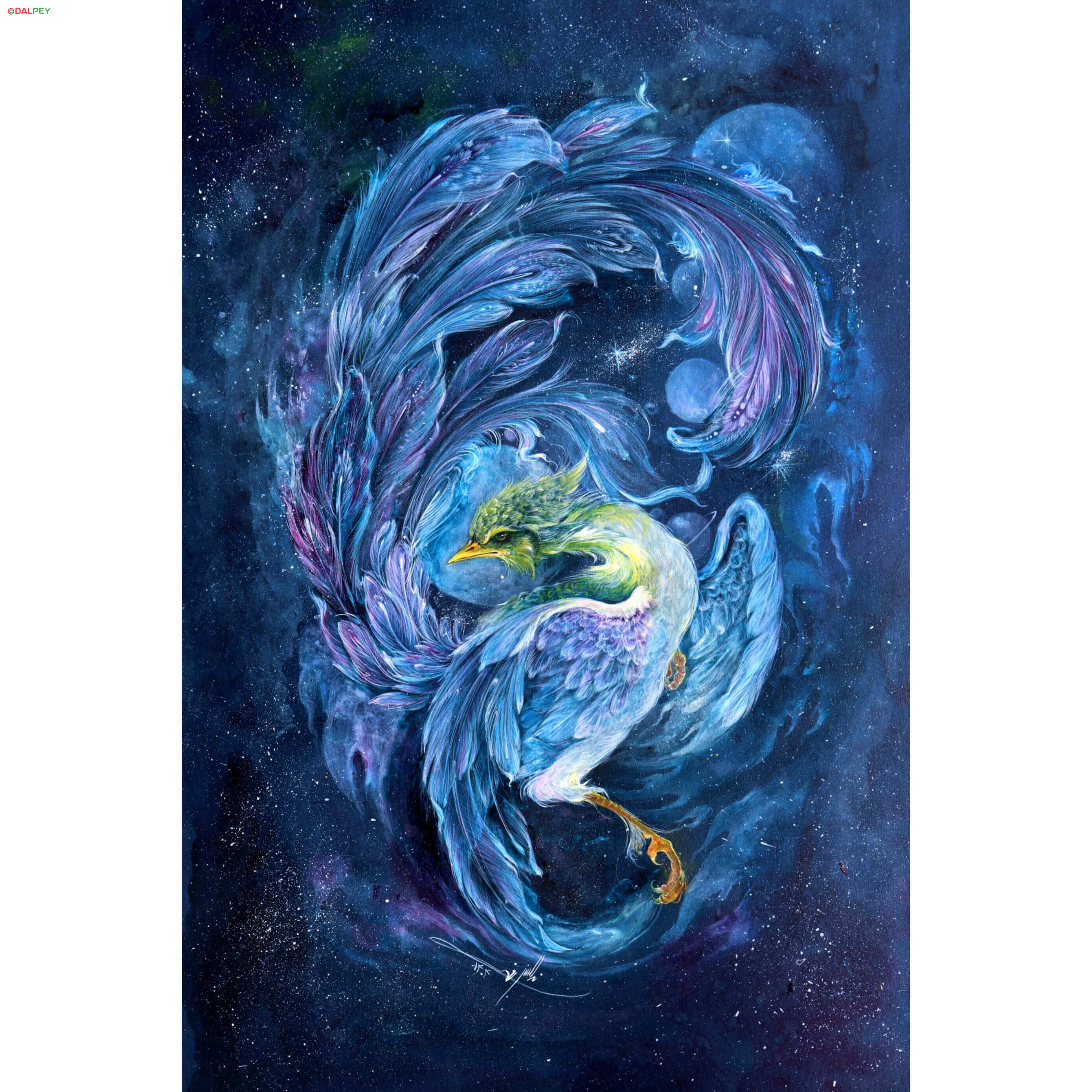 ققنوس ارغوانی – تابلو اکریلیک و گواش ۳۰×۴۰ | هنر مدرن و خیال‌انگیز