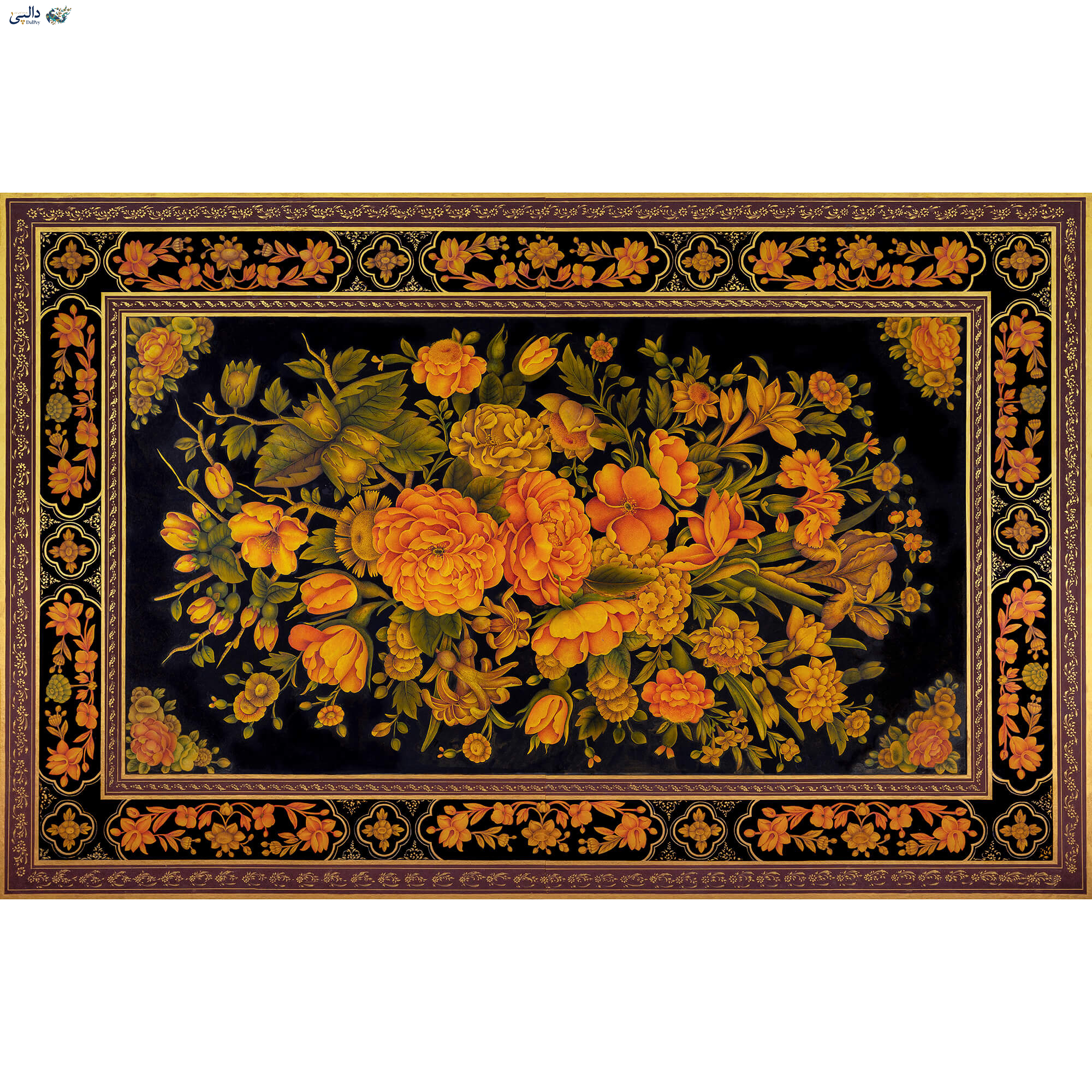 تابلو گل و مرغ قاجار بازآفرینی اصل | شکوه زرین گلستان | دالپی