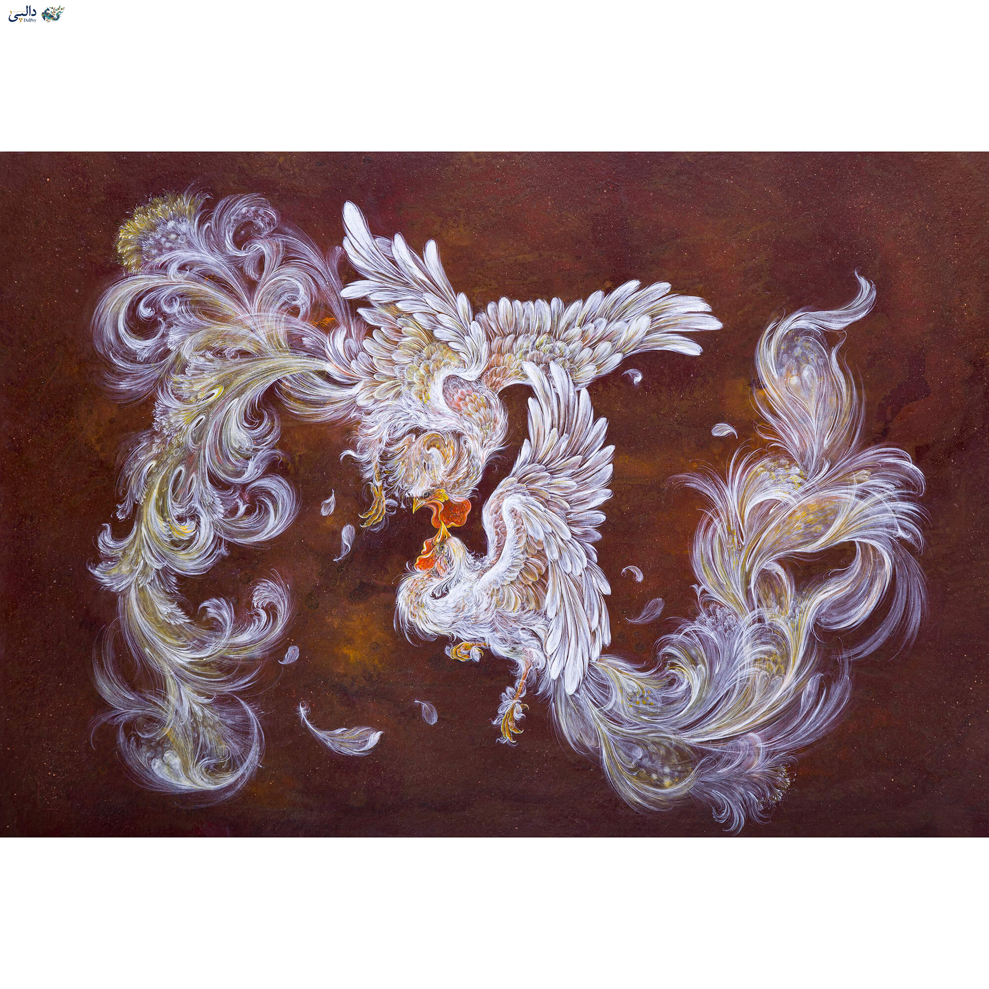 آتش سپید – تابلو هنری با دو پرنده اسطوره‌ای | زهرا قاسمی