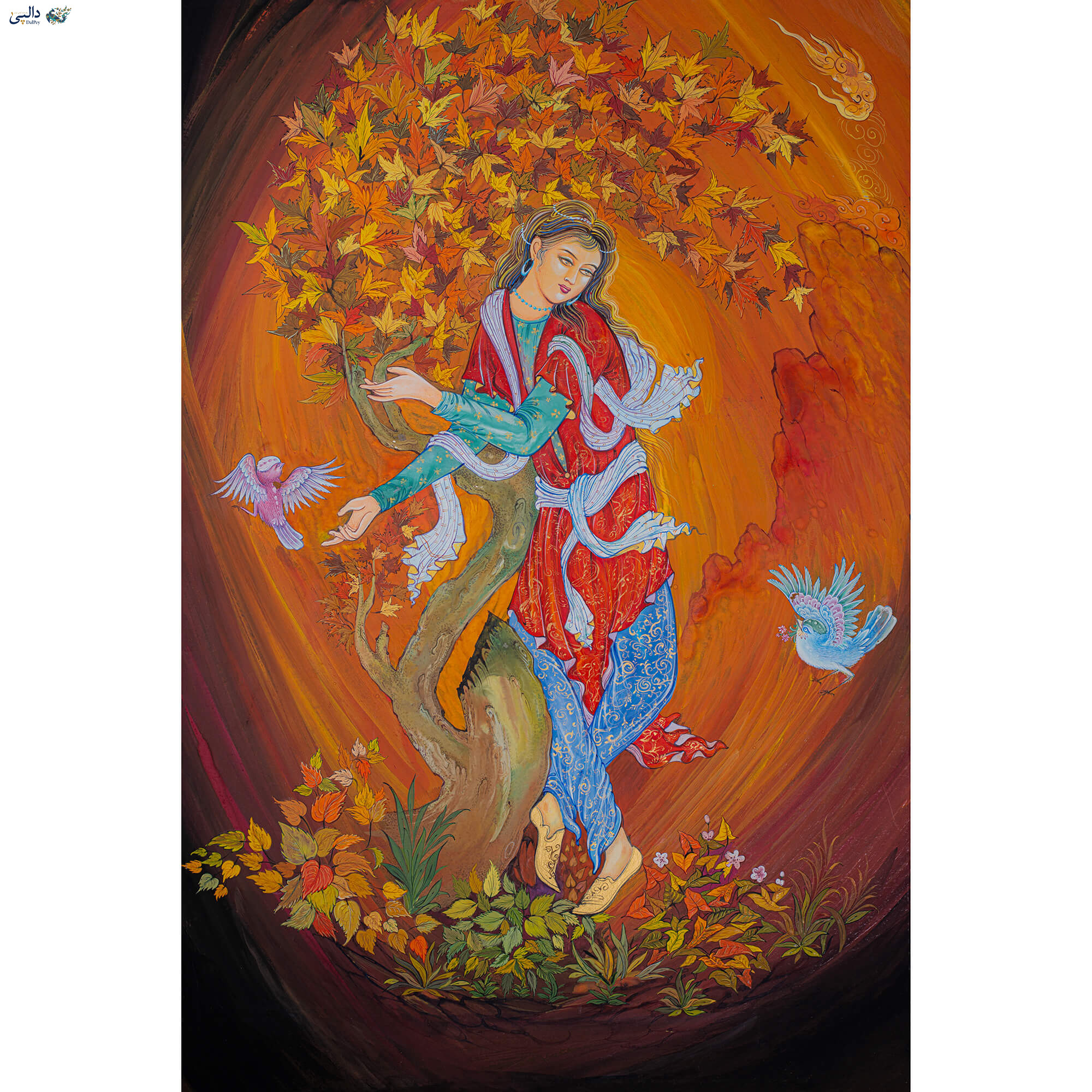 تابلو دخترک پاییز اثر سمیرا بزرگ‌زاد، مینیاتور معاصر با درخت پاییزی و پرندگان رنگارنگ | دالپی