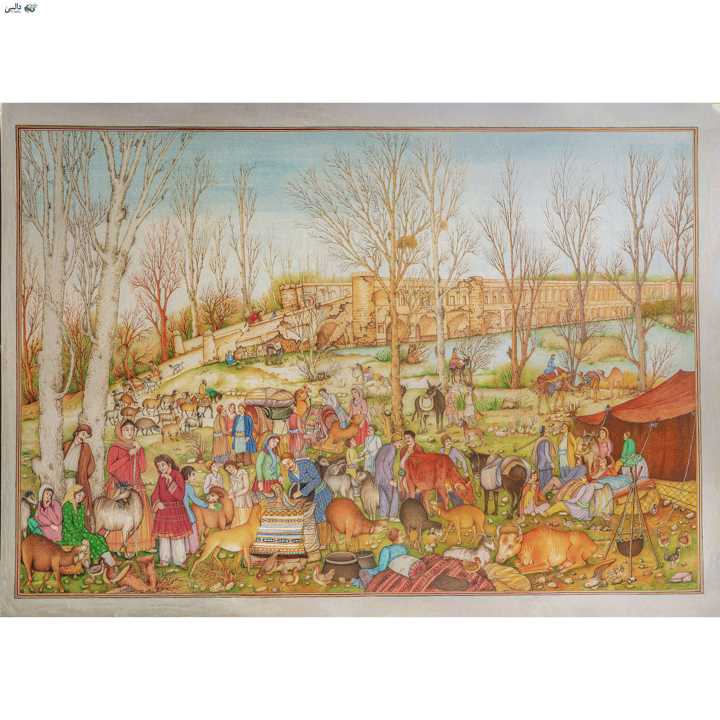 تابلو ایلیات اثر امان‌اله عباسی، صحنه زندگی عشایری کنار پل تاریخی اصفهان با گواش و پرداز نقطه