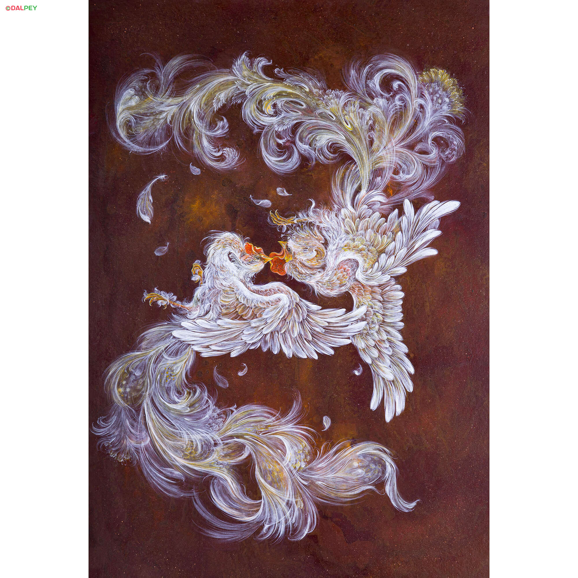 تابلو نقاشی آتش سپید، اثر استاد سیده ندا سید اشرفی، تکنیک اکریلیک و گواش؛ تصویر پرنده اسطوره‌ای ققنوس در زمینه‌ کهکشانی با پرهای درخشان