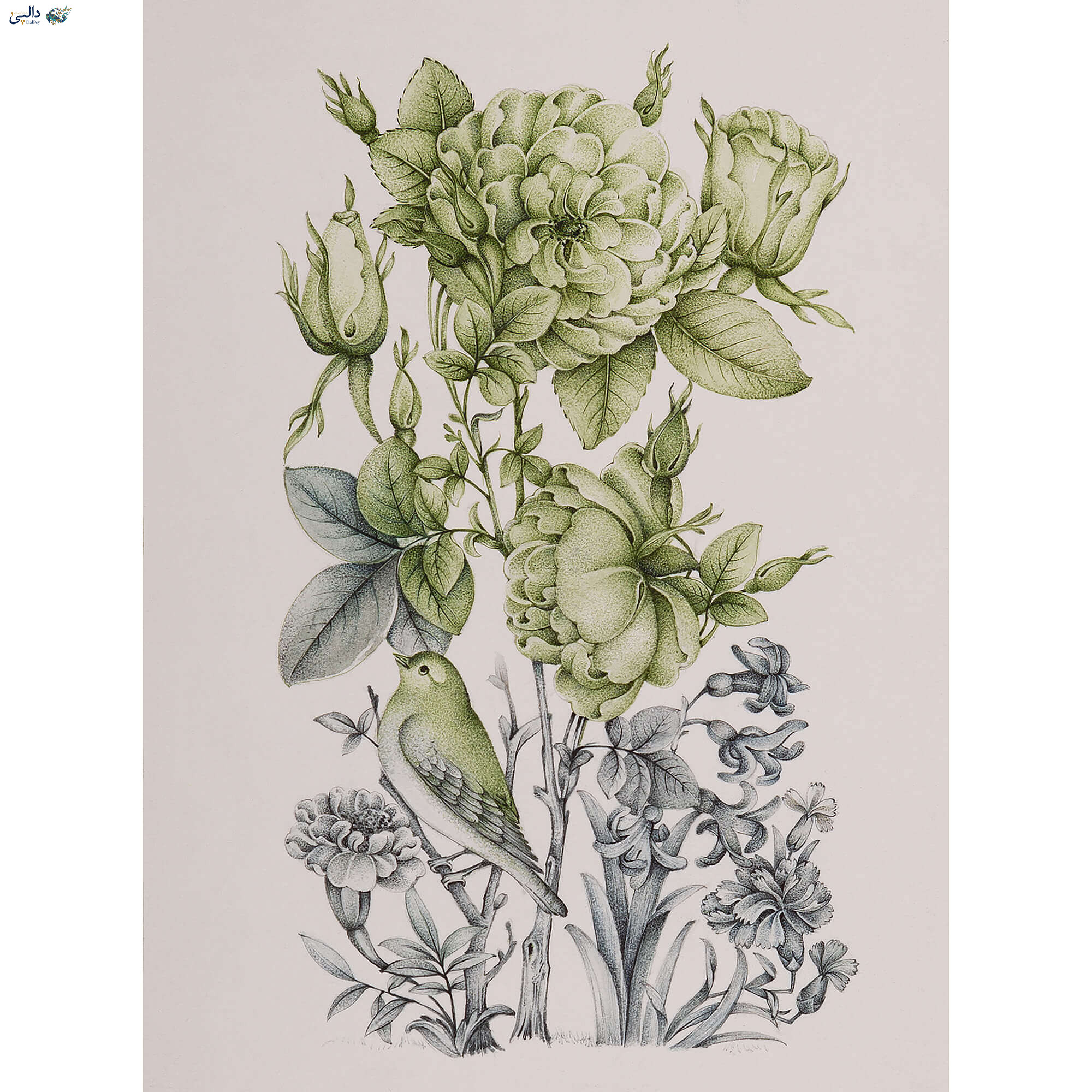 مینیاتور «پایان زمستان، گلستان – روایت معاصر» اثر سیده ندا سیداشرفی – گل و مرغ مدرن با تکنیک کامل پرداز نقطه‌ای آبرنگ در طیف سبز–طوسی روی کاغذ آهارمهره دست‌ساز – نگاه معاصر به سنت قاجار | فرو