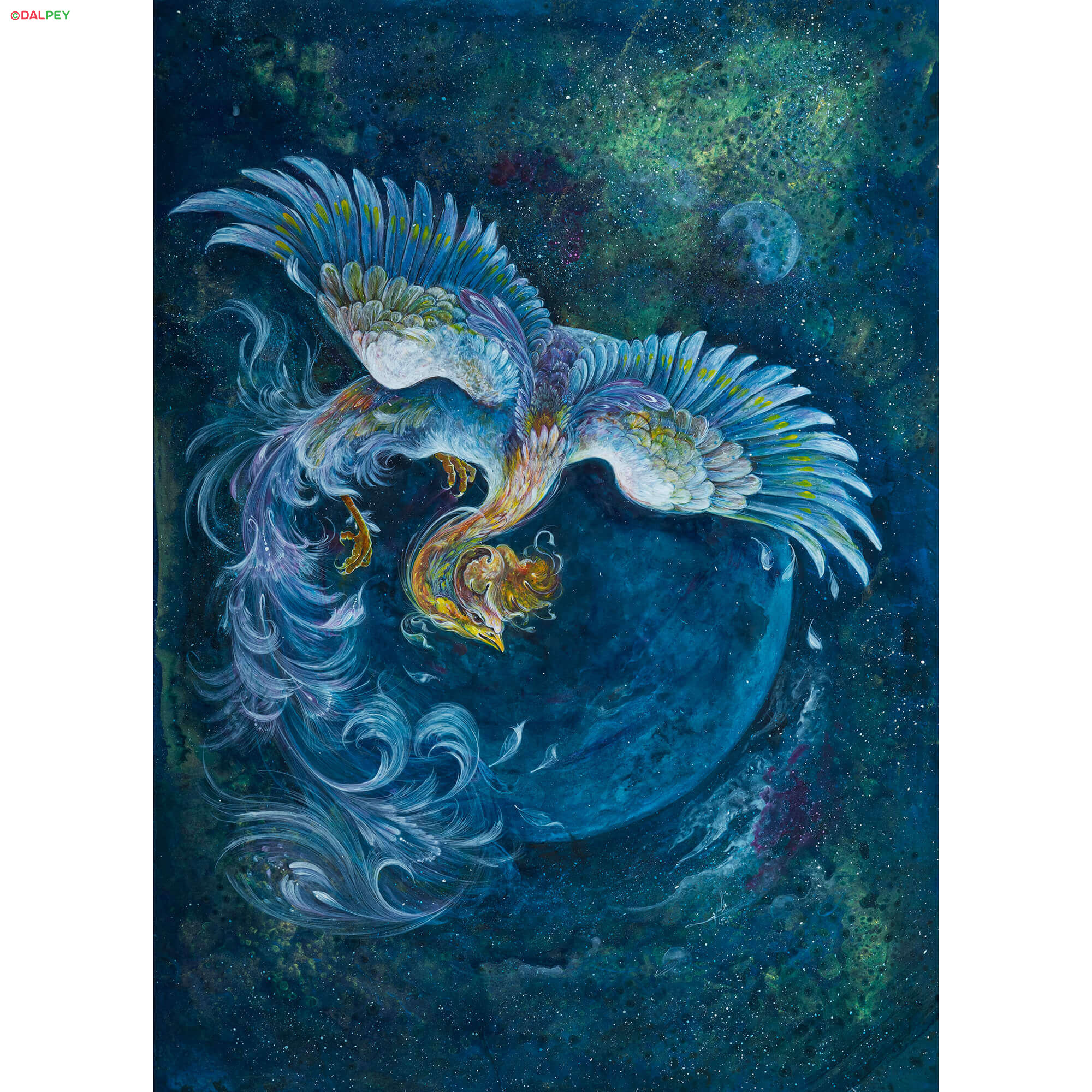 نقاشی سیمرغ ایرانی با تکنیک اکریلیک و گواش؛ اثر جاودانگی، هنر معاصر الهام‌گرفته از اسطوره‌های ایران | خلق شده توسط هنرمند صاحب‌سبک (سیده ندا سید‌اشرفی) | فروشگاه اینترنتی دالپی