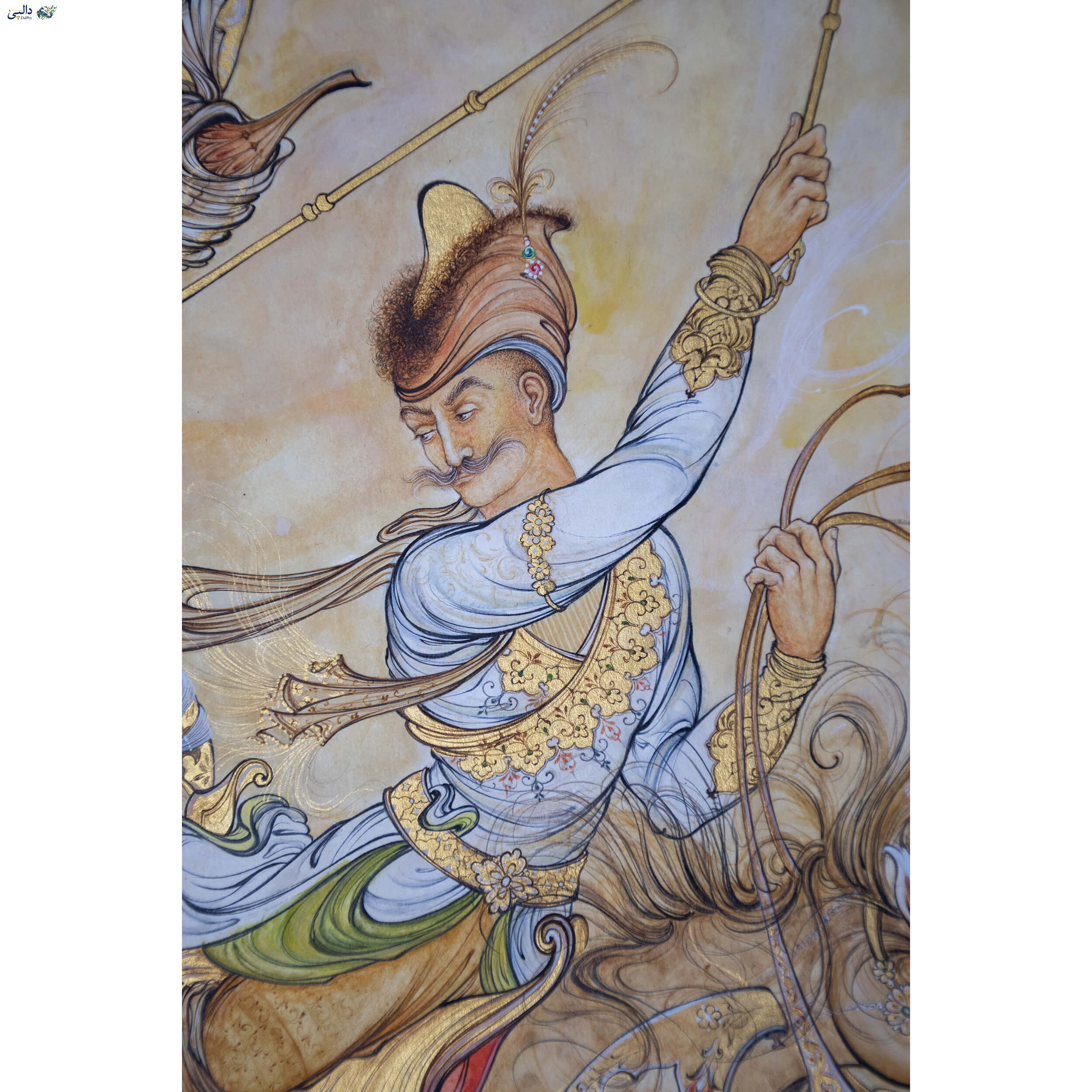 تابلو نگارگری «چوگان» اثر زهرا قاسمی – جدال پرشور دو سوارکار اشرافی با اسب‌های طلاکاری‌شده در بازی چوگان، اجرا شده با گواش، آبرنگ و طلا روی کاغذ دست‌ساز | فروشگاه اینترنتی دالپی