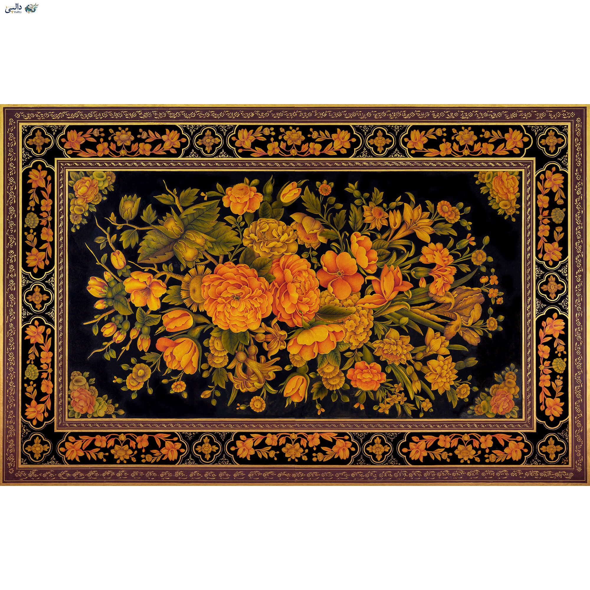 تابلو گل و مرغ قاجار بازآفرینی‌شده «شکوه زَرّینِ گلستان قاجار» با ابعاد ۱۳۵×۶۵ سانتی‌متر، تکنیک پرداز نقطه آبرنگ و ورق طلا روی زمینه مشکی | سیده ندا سیداشرفی | دالپی
