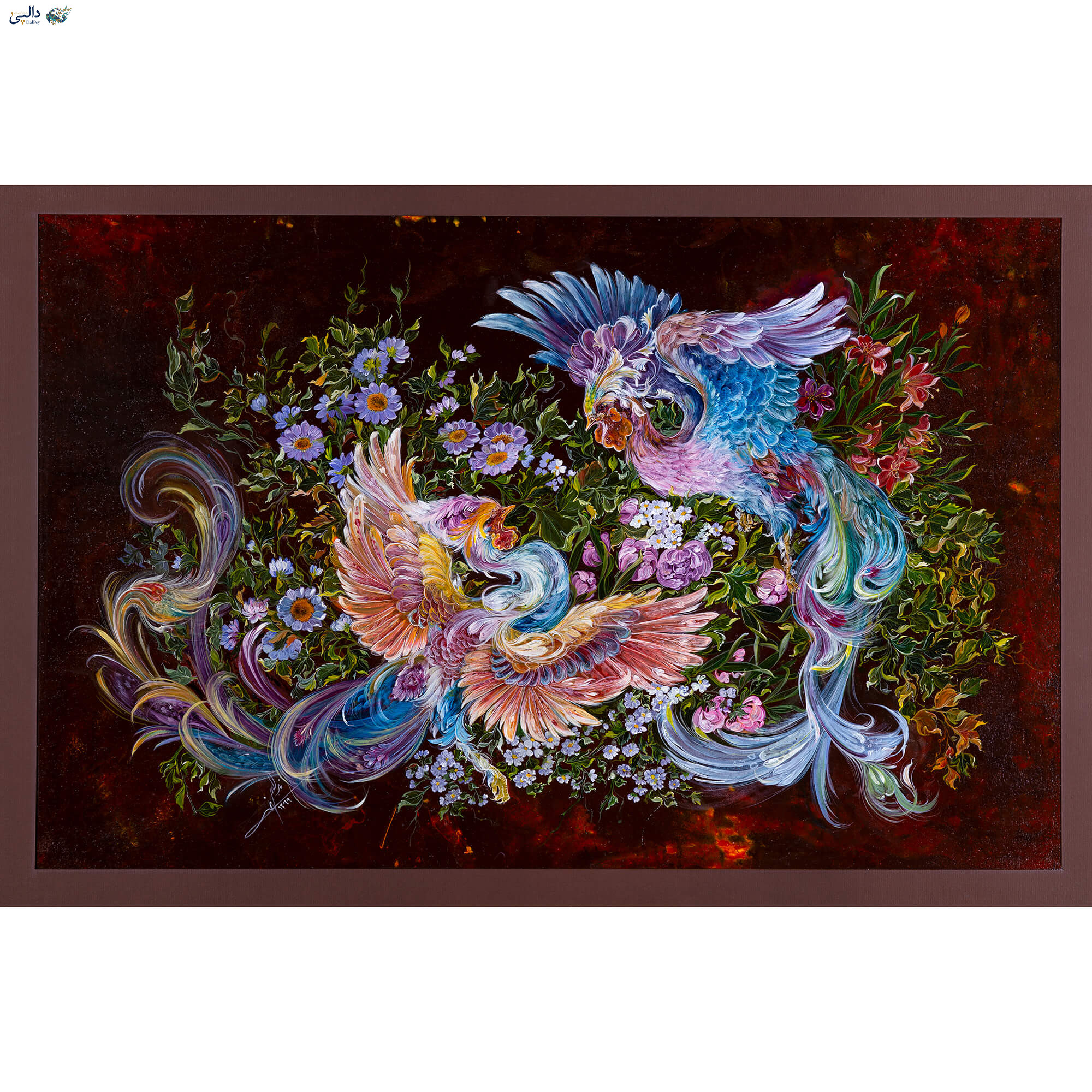 تابلو گل و مرغ معاصر «ترنم عشق» اثر سیده ندا سیداشرفی، دو پرنده رنگارنگ و گل‌های زنده با اکریلیک و گواش