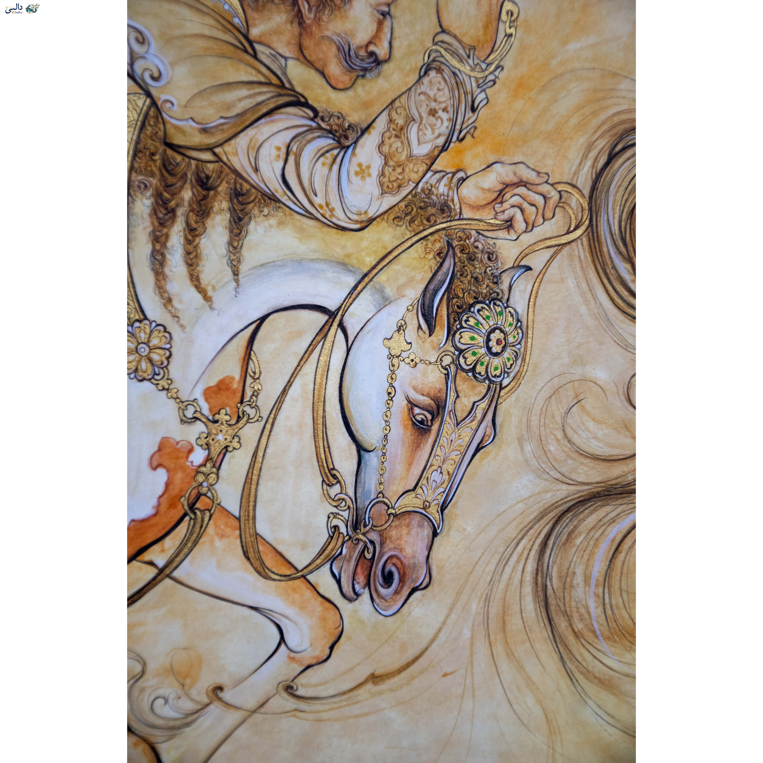 تابلو نگارگری «چوگان» اثر زهرا قاسمی – جدال پرشور دو سوارکار اشرافی با اسب‌های طلاکاری‌شده در بازی چوگان، اجرا شده با گواش، آبرنگ و طلا روی کاغذ دست‌ساز | فروشگاه اینترنتی دالپی