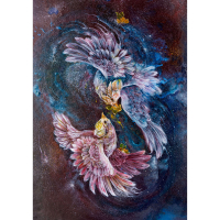 تمنای وصال – تابلو دو پرنده عاشق کیهانی | اکریلیک و گواش